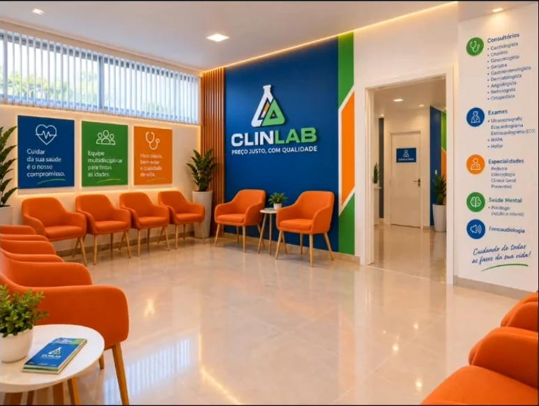 Recepção real da Clinlab, com poltronas laranja e identidade azul e verde